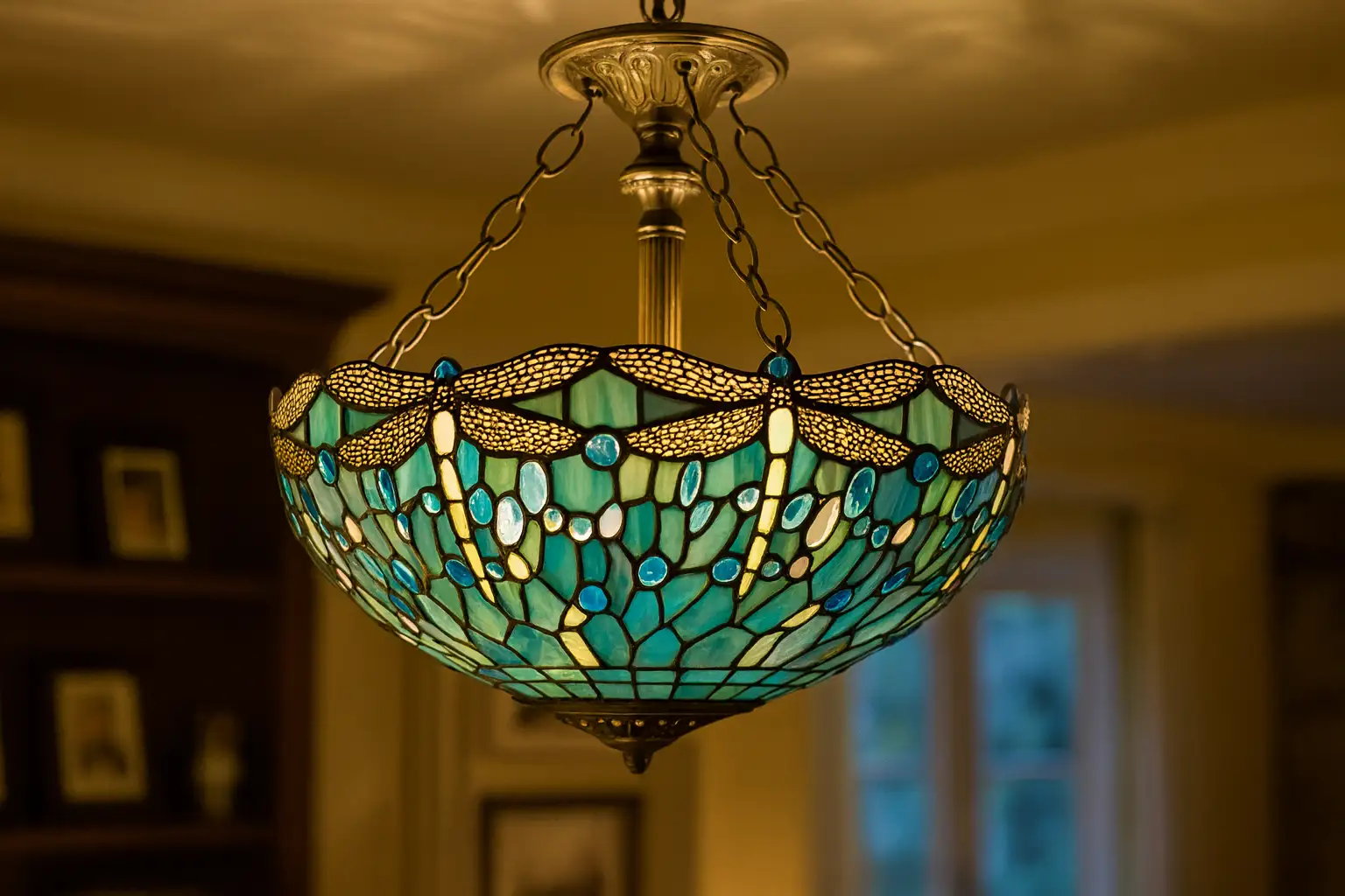 Ceiling Light — Stained Glass Dragonfly Semi Flush Mount